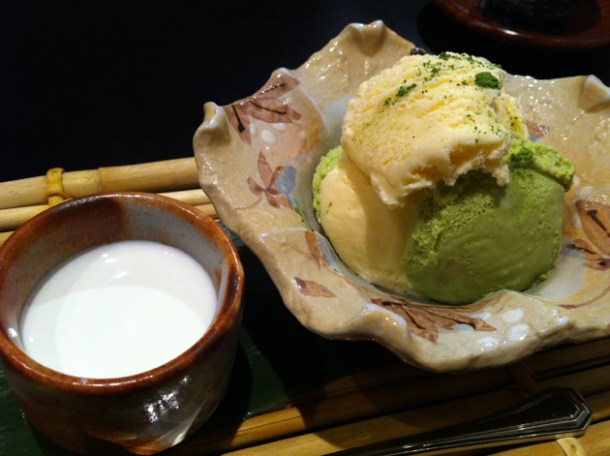 green tea ice cream and coffee jelly in coconut milk at hakubai