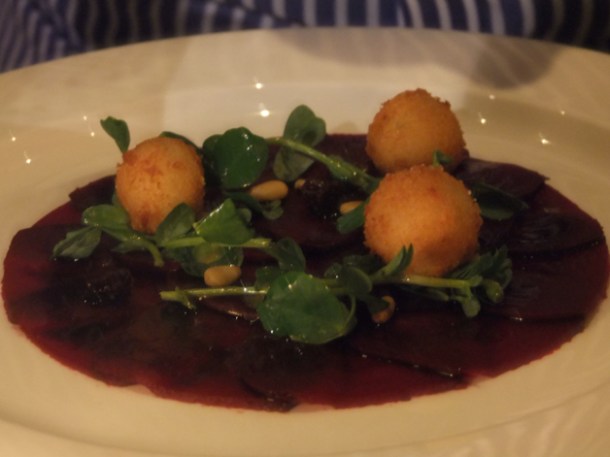 sliced beetroot and breaded goats cheese at the notting hill brasserie
