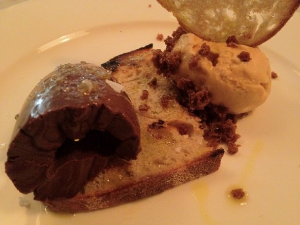 chocolate on toast with olive oil and hazlenut ice cream at pizarro