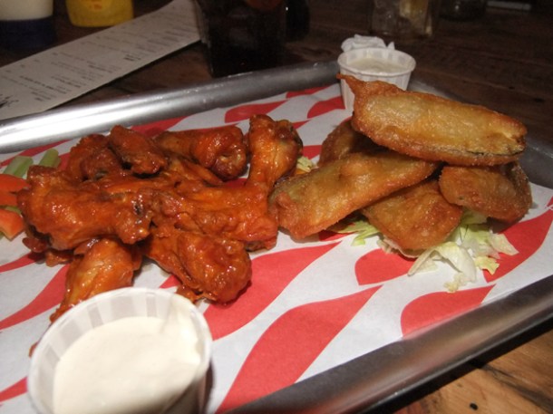 deep fried pickles and buffalo wings at meatliqour