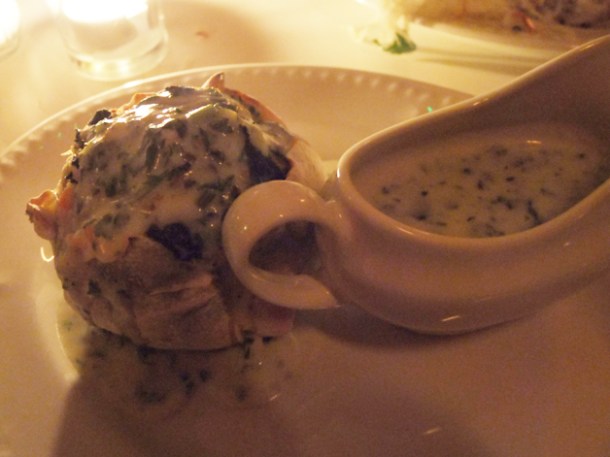 white fish and spinach knish with parsley liqour at mishkin's