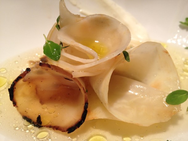 chargriled and baked celeriac in consomme at tom aikens