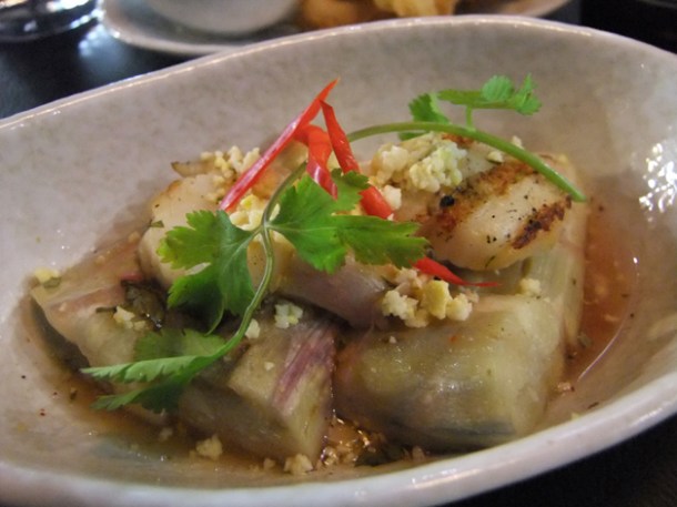 aubergine salad with grilled scallops at suda