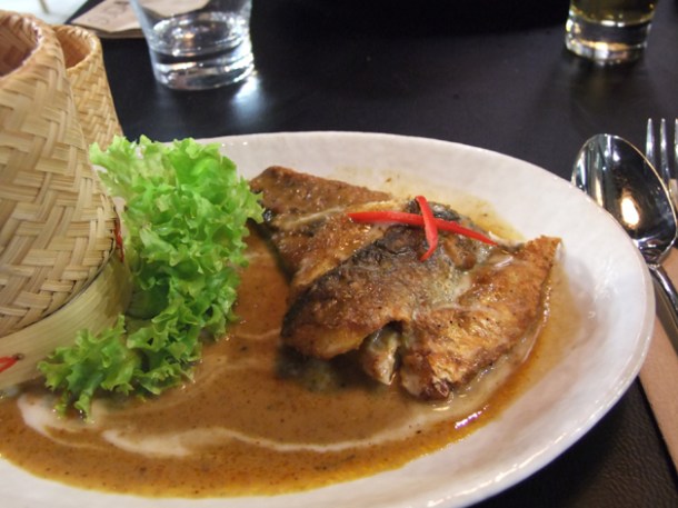 sea bass in red curry sauce at suda