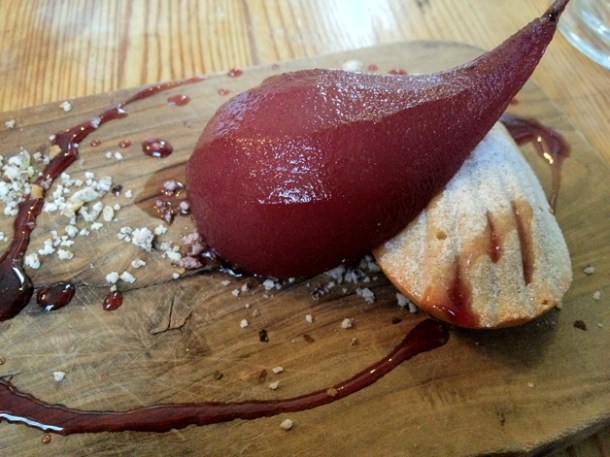 poached pear and marmalade cake at harwood arms
