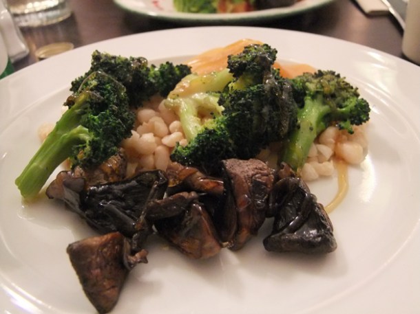 roasted broccoli with white beans, pickled mushrooms and braised swede at orchard holborn