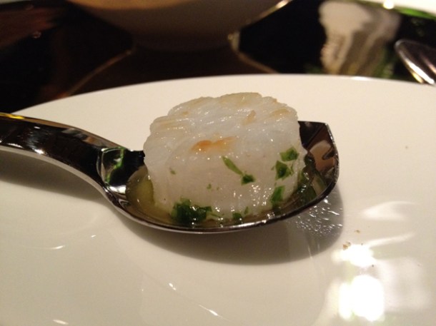 scallop - squid, seaweed and nut patty amuse bouche at moments mandarin oriental hotel barcelona