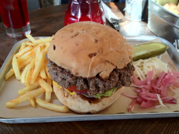 burger at duke's brew and que