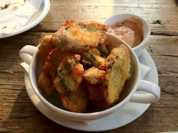 deep fried pickles and okra at dukes brew and que