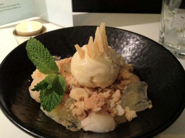 lychee and hazelnut crumble at tapasia