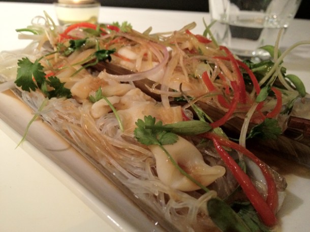 steamed razor clams on a bed of glass noodles at tapasia