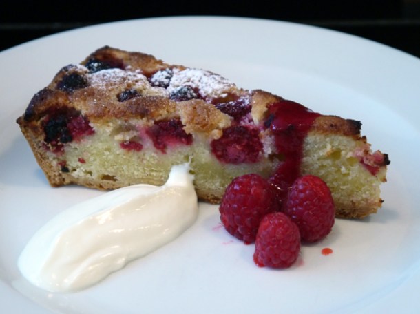 raspberry and almond tart with crème fraîche at 10 greek street