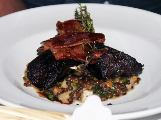 black pudding with bacon and lentils at renger patzsch