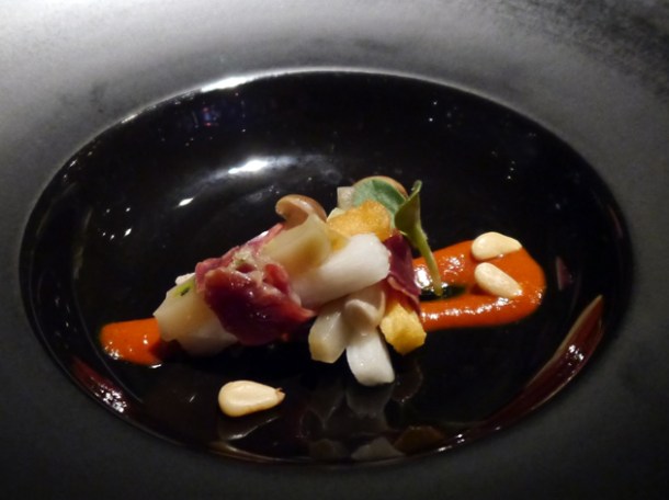 pickled root vegetables, enoki mushrooms wrapped in iberico ham at hkk