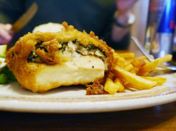battered tofu and fries at the coach and horses