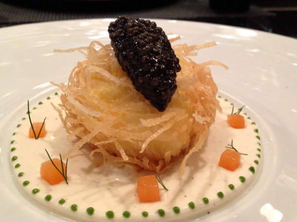 crisp poached egg with caviar and salmon cream at la cuisine de joel robuchon