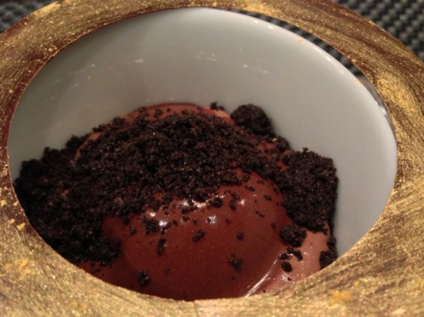 madagascan chocolate, chocolate sorbet and Oreo crumb dessert at la cuisine de joel robuchon