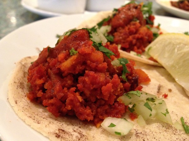 chorizo and potato tacos at la bodega negra