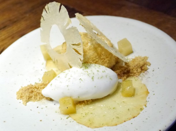 sichuan pepper and sea salt baked pineapple, lime and coconut at social eating house