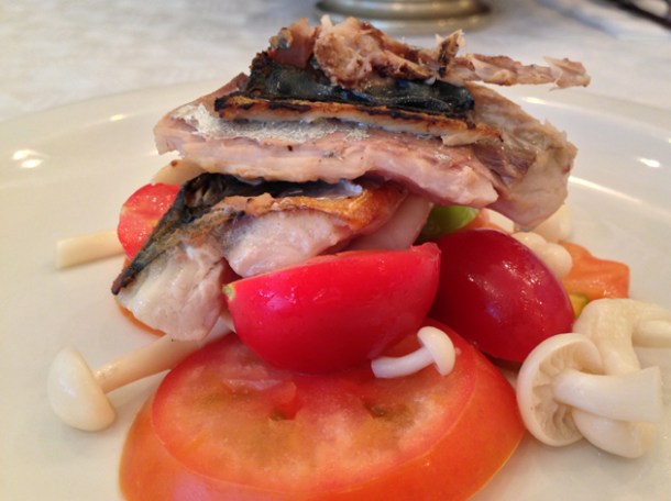 grilled mackerel with tomatoes and pickled mushrooms at bonnie gull