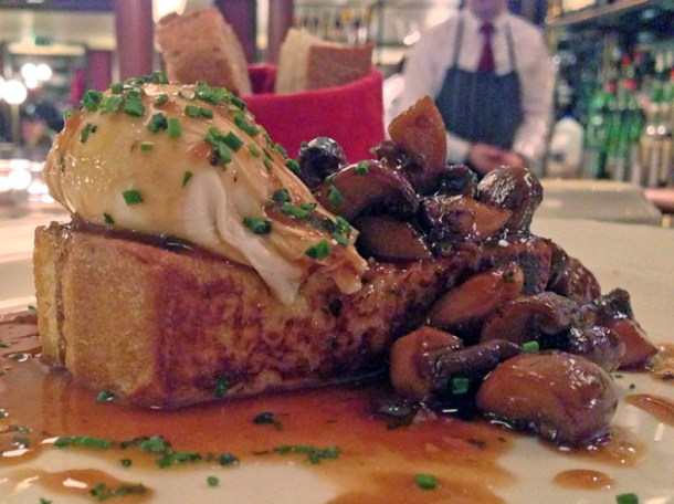 mushrooms and a poached egg on toasted brioche at les deux salons