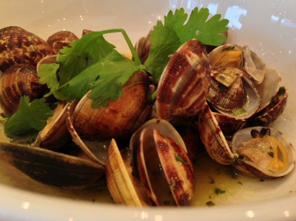palourde clams 'bulhao al pato' with roast spring garlic and coriander at bonnie gull