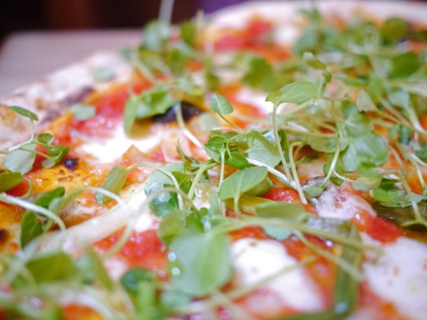 bone marrow, spring onion and watercress pizza at homeslice