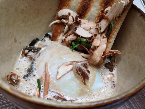 poached egg with mushrooms at picture restaurant