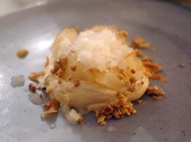 poached pear with granita and oats at the clove club