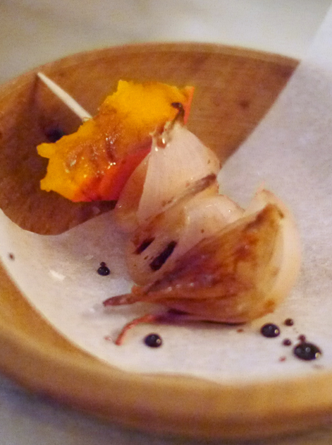 pumpkin and onion skewer at the clove club