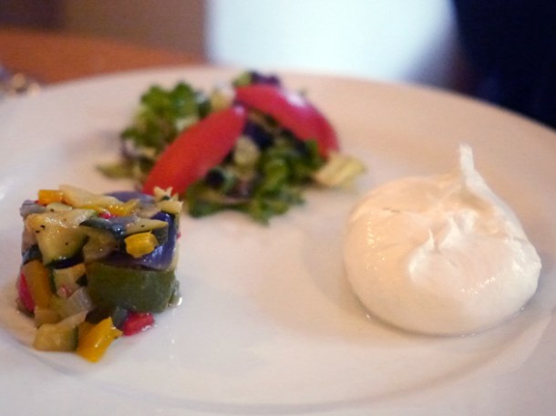 buffalo mozzarella with salad and roasted vegetables at sardo