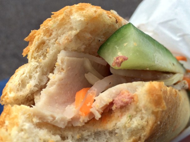 close up of special banh mi at caphe house