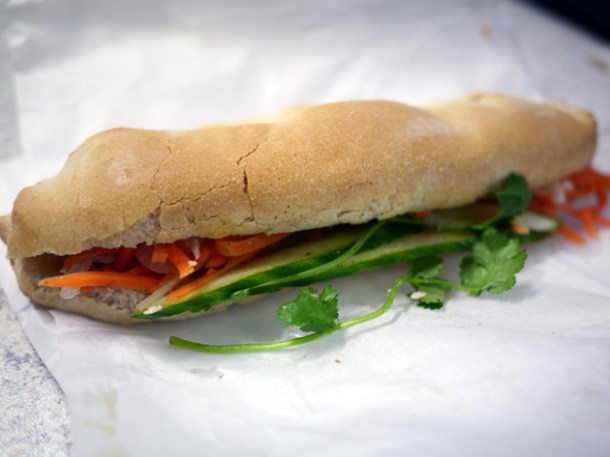shredded caramel pork baguette from banh mi bay