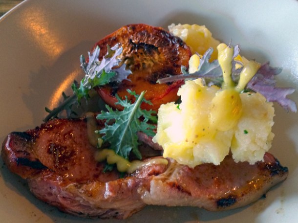 bacon chop with roast peach at heirloom crouch end
