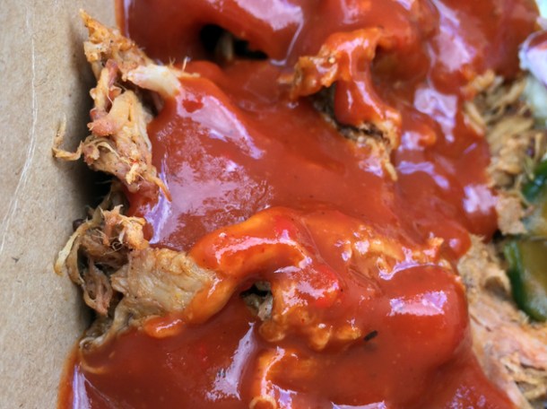 close up of pulled pork from bbq lab street food
