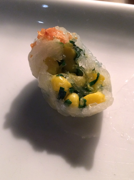 inside a crystal har gau with chive, shiitake and glass noodles at crazy bear