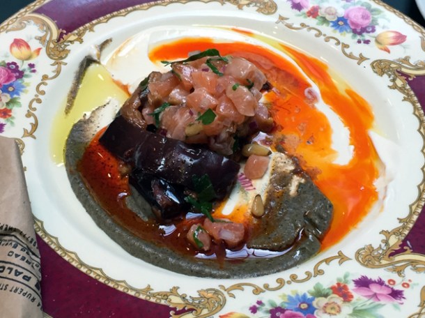 salmon tartare with aubergine at the palomar