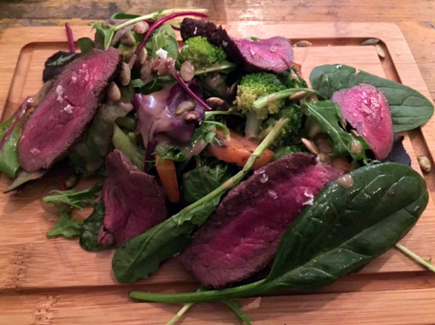 venison steak salad at wild game co