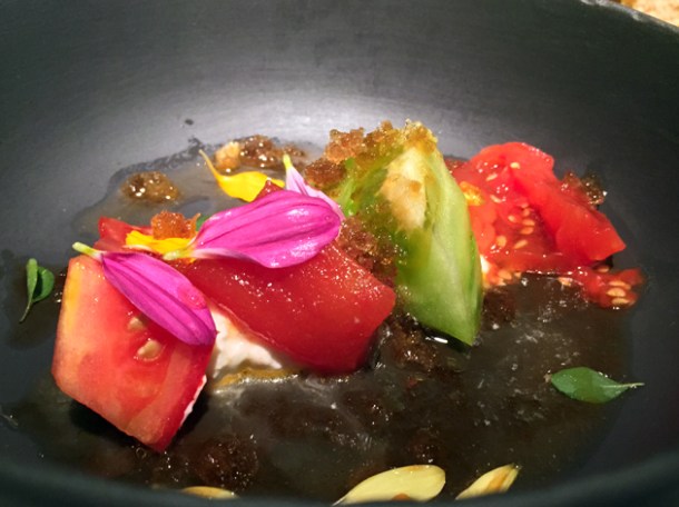 tomato and burrata salad with cardamom spray at pipero al rex