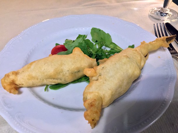 zucchini stuffed deep fried pumpkin flowers at necci