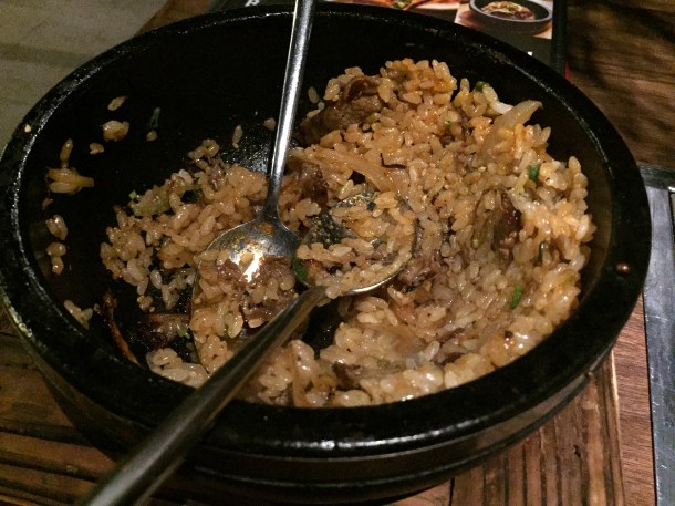 sukiyaki bibmibap in a hot stone bowl at kintan