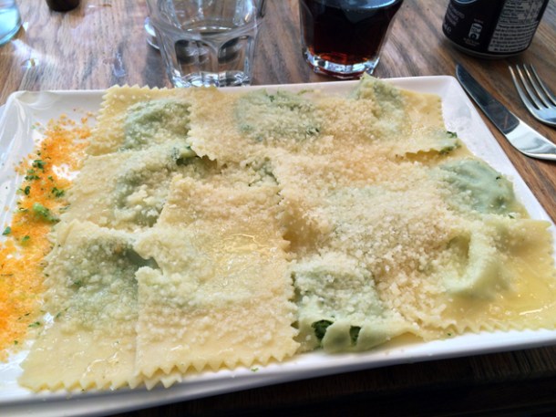 spinach, ricotta and parmesan ravioli in a butter, sage and parmesan dressing at in parma
