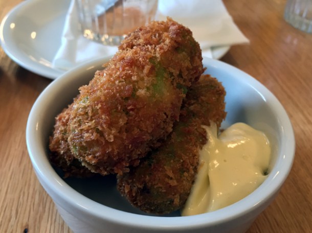 pork belly and pea croquettes with truffle mayo at oldroyd