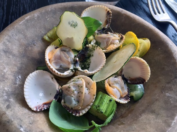 cockles, courgettes and herb oil at paradise garage