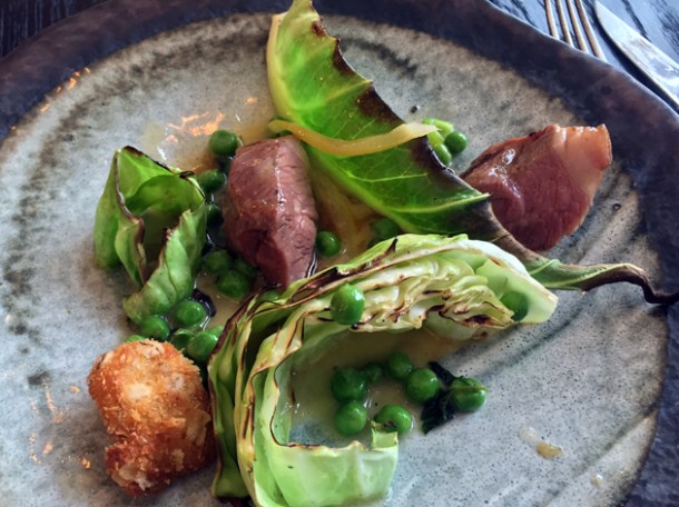 lamb rump with sweetbread, cabbage, peas at paradise garage