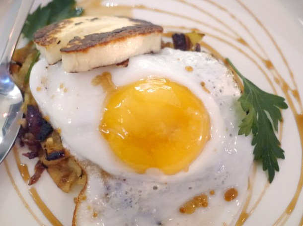 baked lamb fat potatoes, halloumi and fried duck egg at oklava