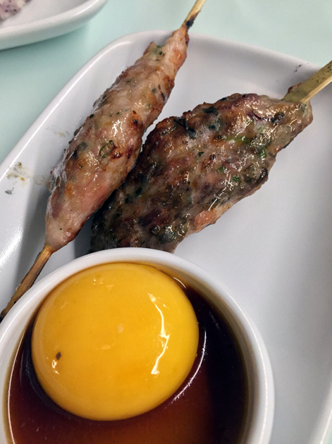 minced chicken and egg yolk at jidori