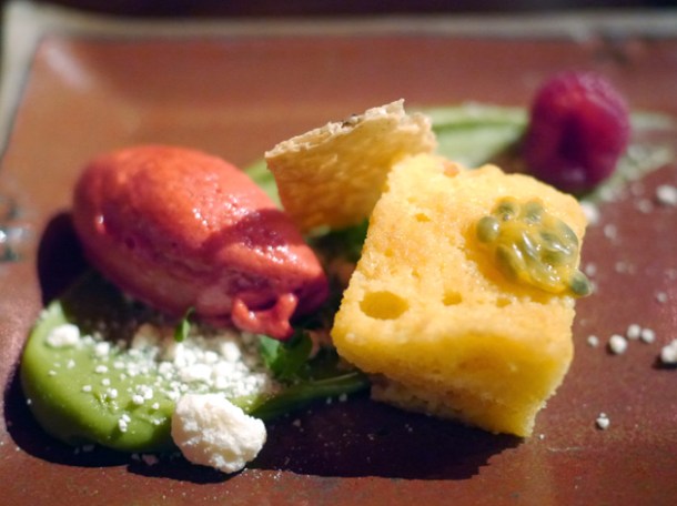 passion fruit cake with raspberry sorbet at sushisamba london
