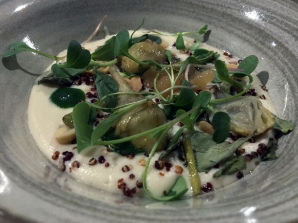 baby artichokes with peanuts and nastirtium leaves at biko