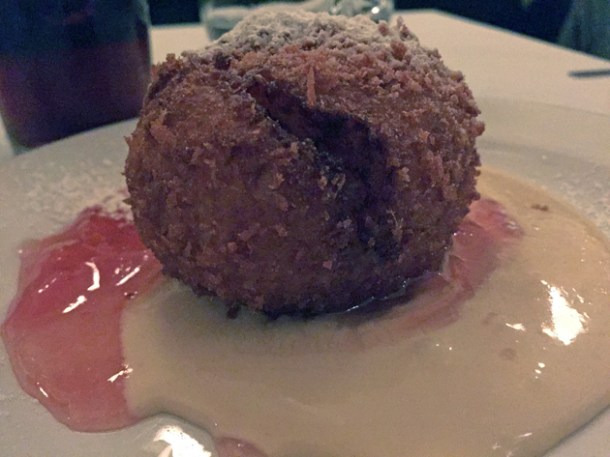 deep fried rice pudding ball with jam and custard at hill and szrok pub